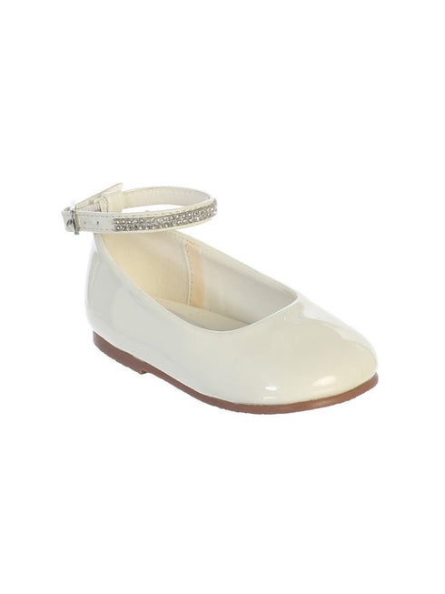 Little Girls White Patent Rhinestone Encrusted Ankle Strap Flats 5-8 Toddler - SophiasStyle.com